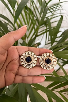 Gold Finish Kundan Polki & Sapphire Synthetic Stone Stud Earrings