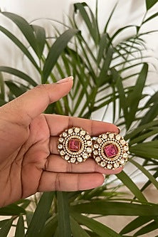 Gold Finish Kundan Polki & Quartz Stud Earrings