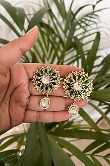 Gold Finish Semi-Precious Stone & Kundan Polki Floral Stud Earrings