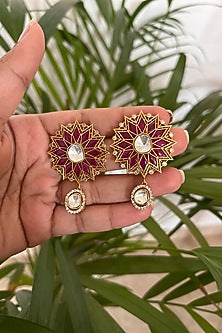Gold Finish Semi-Precious Stone & Kundan Polki Floral Stud Earrings