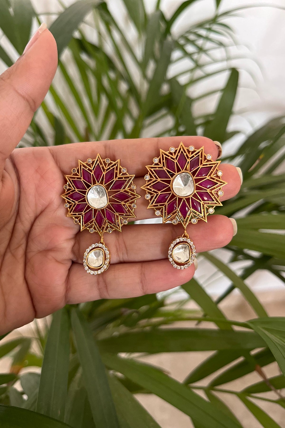 Gold Finish Semi-Precious Stone & Kundan Polki Floral Stud Earrings