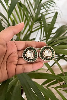 Gold Finish Kundan Polki & Emerald Synthetic Stone Stud Earrings