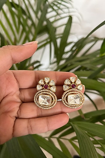 Gold Finish Ruby Synthetic Stone & Kundan Polki Dangler Earrings