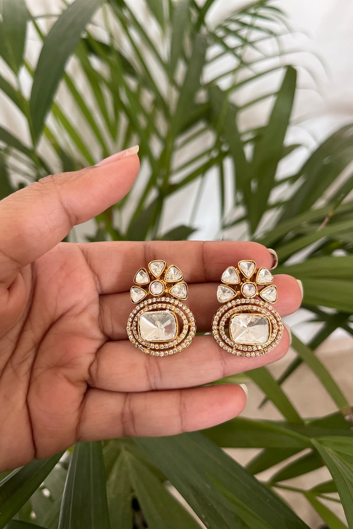 Gold Finish Kundan Polki Dangler Earrings