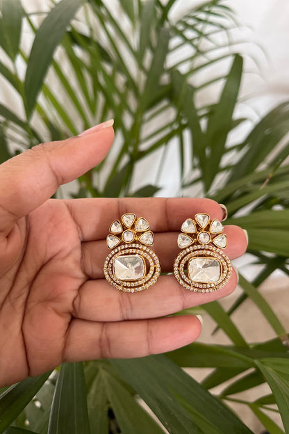 Gold Finish Kundan Polki Dangler Earrings