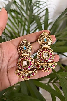 Gold Finish Ruby Synthetic Stone Dangler Earrings