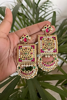 Gold Finish Ruby Synthetic Stone Dangler Earrings