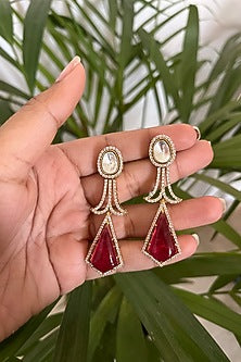 Gold Finish Ruby Synthetic Stone & Kundan Polki Dangler Earrings