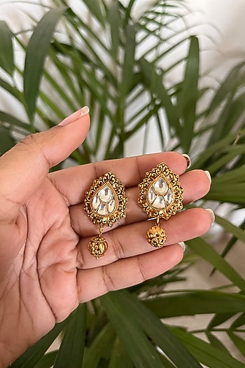 Gold Finish Ruby Synthetic Stone & Kundan Polki Dangler Earrings