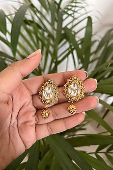 Gold Finish Ruby Synthetic Stone & Kundan Polki Dangler Earrings