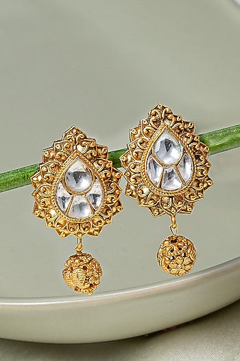 Gold Finish Ruby Synthetic Stone & Kundan Polki Dangler Earrings