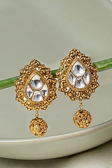 Gold Finish Ruby Synthetic Stone & Kundan Polki Dangler Earrings