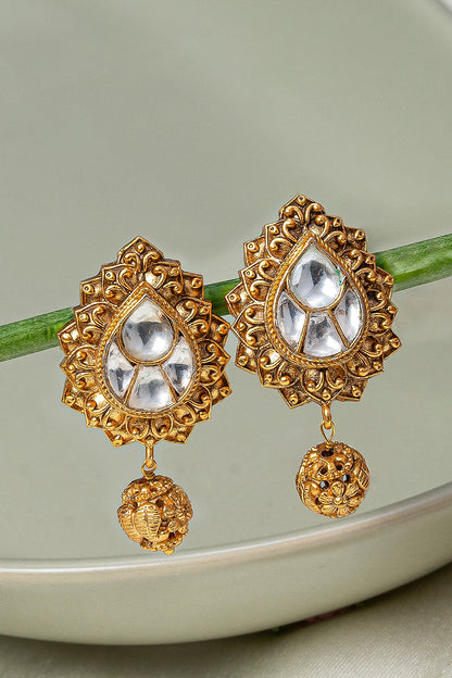 Gold Finish Ruby Synthetic Stone & Kundan Polki Dangler Earrings
