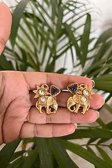 Gold Finish Kundan Polki & Emerald Synthetic Stone Stud Earrings