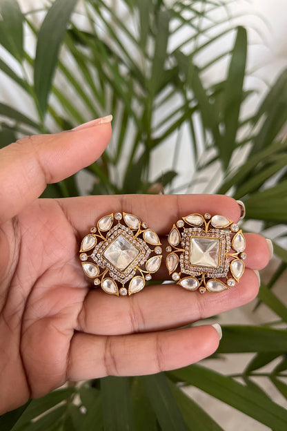 Gold Plated Kundan Polki Stud Earrings