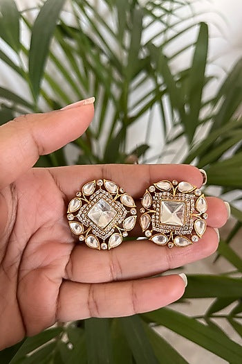 Gold Plated Kundan Polki Stud Earrings