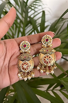 Gold Finish Ruby Synthetic Stone Dangler Earrings