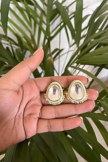 Gold Finish Kundan Polki & Pearl Stud Earrings