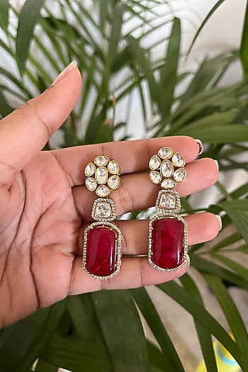 Gold Finish Ruby Synthetic Stone & Kundan Polki Dangler Earrings