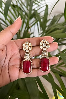 Gold Finish Ruby Synthetic Stone & Kundan Polki Dangler Earrings