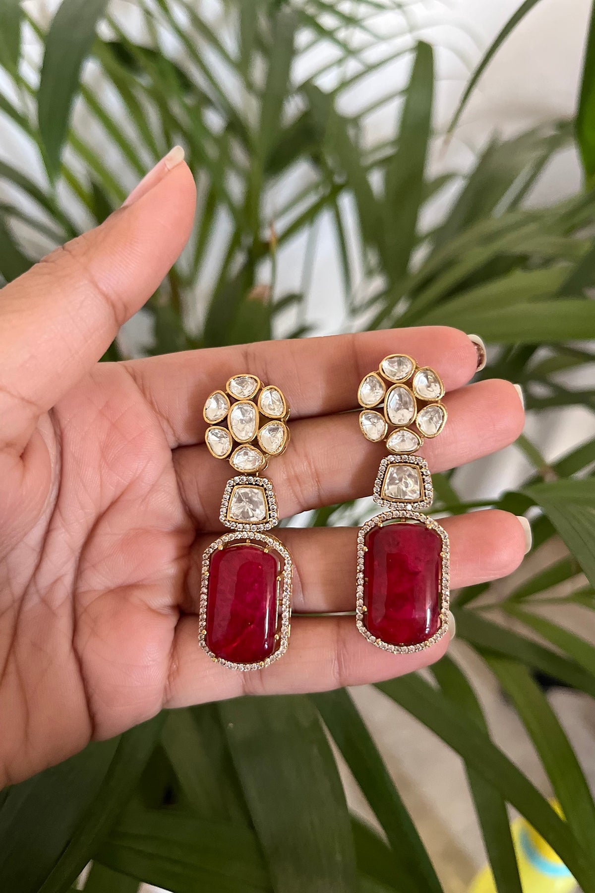 Gold Finish Ruby Synthetic Stone & Kundan Polki Dangler Earrings