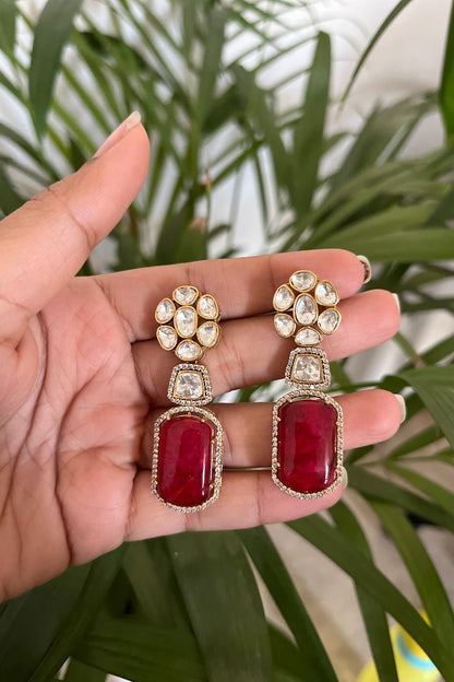 Gold Finish Ruby Synthetic Stone & Kundan Polki Dangler Earrings