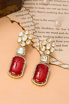 Gold Finish Ruby Synthetic Stone & Kundan Polki Dangler Earrings