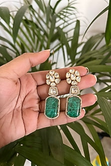 Gold Finish Emerald Synthetic Stone & Kundan Polki Dangler Earrings