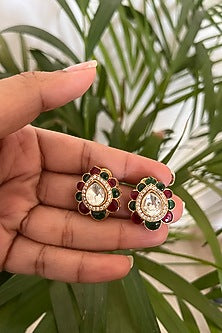 Gold Finish Kundan Polki & Stone Stud Earrings