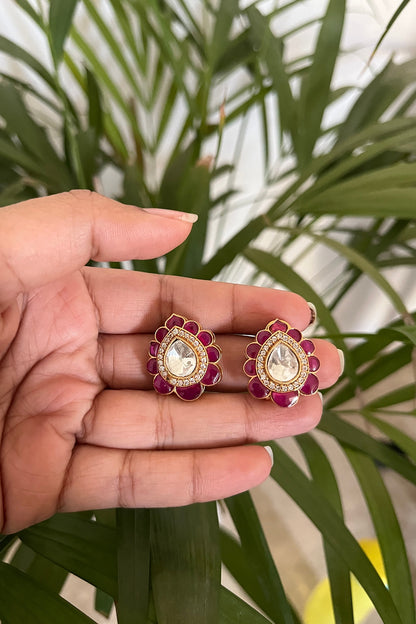 Gold Finish Kundan Polki & Ruby Synthetic Stone Stud Earrings