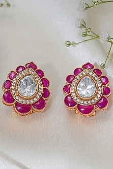 Gold Finish Kundan Polki & Ruby Synthetic Stone Stud Earrings