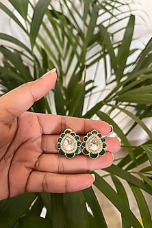 Gold Finish Kundan Polki & Emerald Synthetic Stone Stud Earrings