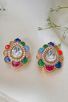 Gold Finish Kundan Polki & Multi-Colored Stone Stud Earrings