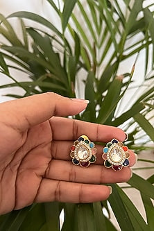 Gold Finish Kundan Polki & Multi-Colored Stone Stud Earrings