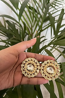 Gold Finish Kundan Polki Floral Stud Earrings