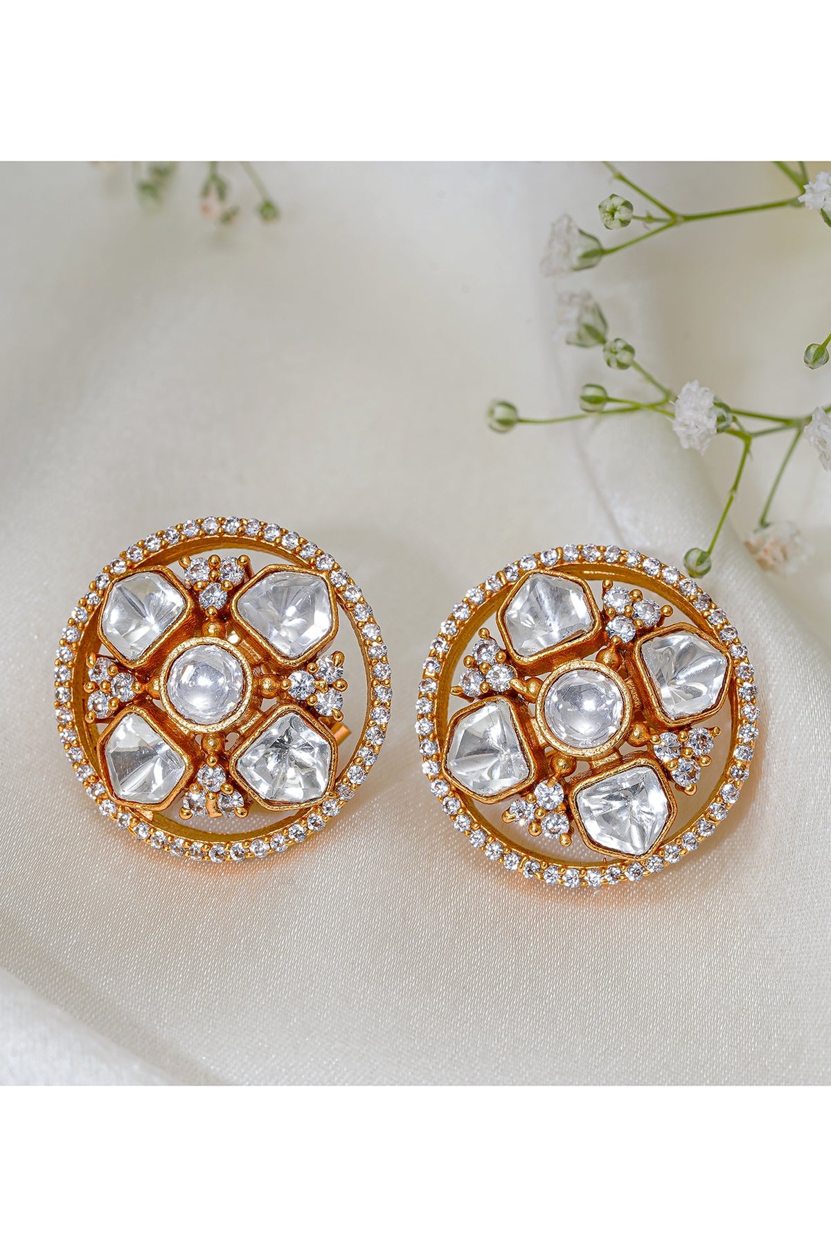 Gold Finish Kundan Polki Stud Earrings