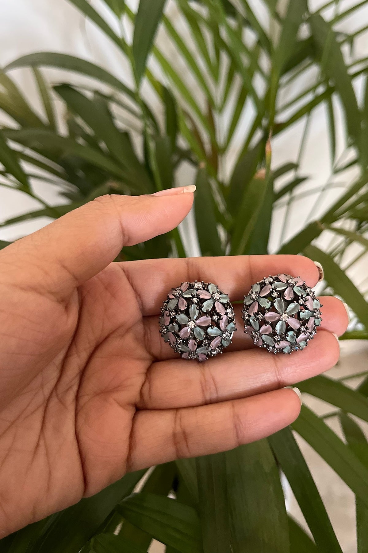 Black Rhodium Finish Multi-Colored Stone Stud Earrings