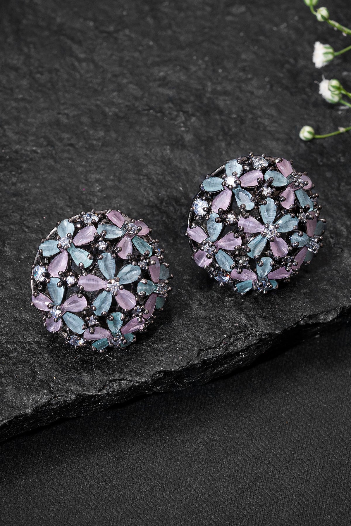 Black Rhodium Finish Multi-Colored Stone Stud Earrings