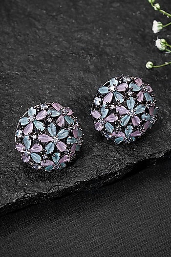 Black Rhodium Finish Multi-Colored Stone Stud Earrings