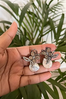 Black Rhodium Finish Coral Diamond & Baroque Pearl Butterfly Stud Earrings