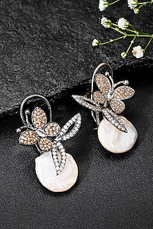 Black Rhodium Finish Coral Diamond & Baroque Pearl Butterfly Stud Earrings