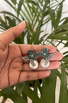 Black Rhodium Finish Green Diamond & Baroque Pearl Butterfly Stud Earrings