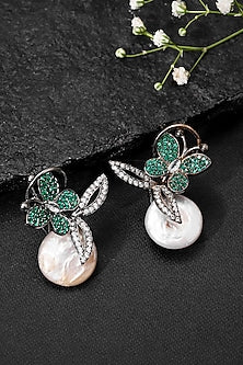 Black Rhodium Finish Green Diamond & Baroque Pearl Butterfly Stud Earrings