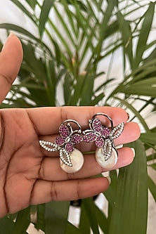Black Rhodium Finish Pink Diamond & Baroque Pearl Butterfly Stud Earrings