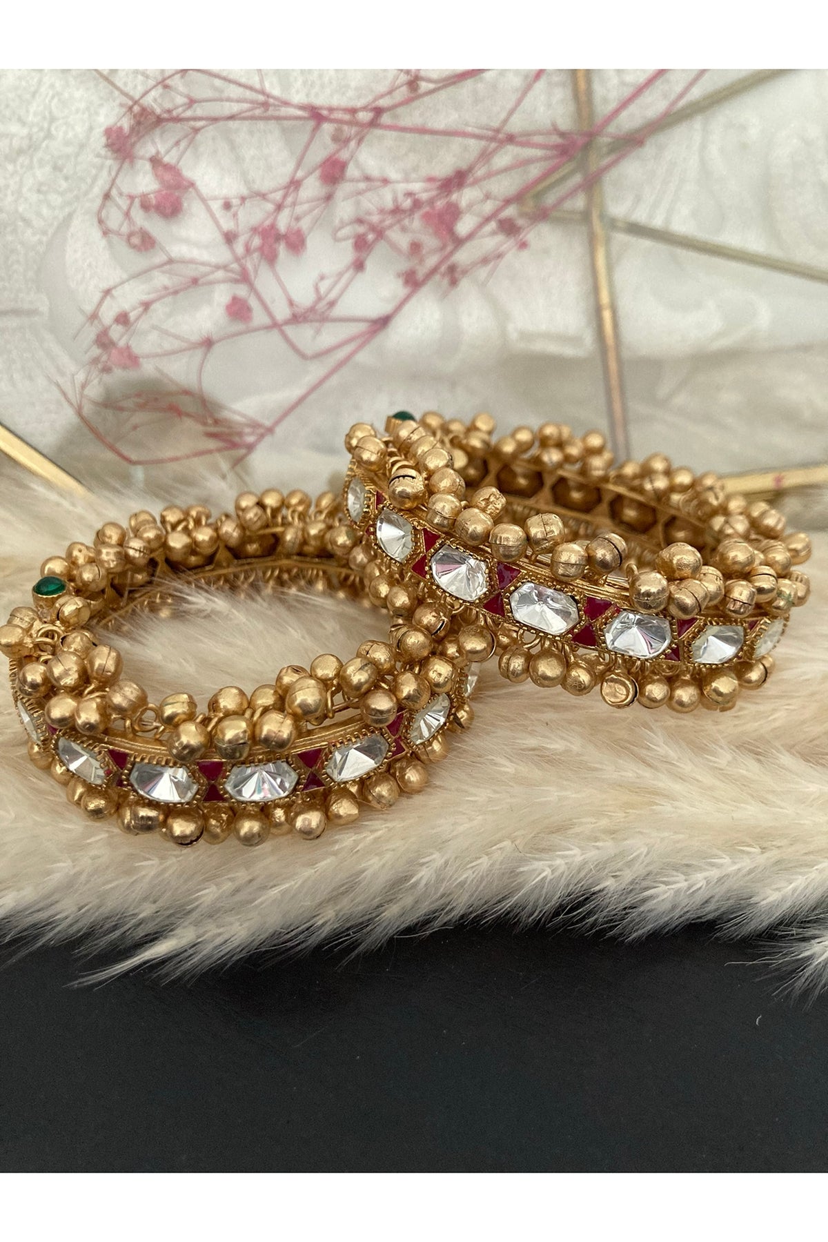 Gold Plated Kundan Polki & Red Stone Bangles (Set Of 2)