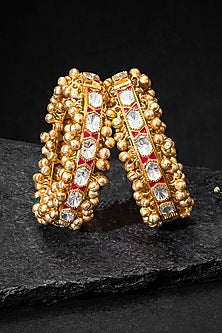 Gold Plated Kundan Polki & Red Stone Bangles (Set Of 2)