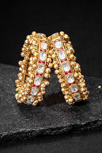 Gold Plated Kundan Polki & Red Stone Bangles (Set Of 2)
