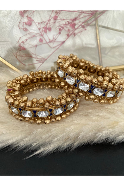 Gold Plated Kundan Polki & Blue Stone Bangles (Set Of 2)