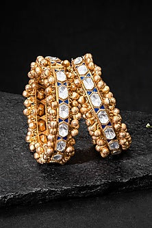 Gold Plated Kundan Polki & Blue Stone Bangles (Set Of 2)