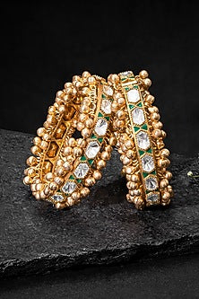 Gold Plated Kundan Polki & Green Stone Bangles (Set Of 2)